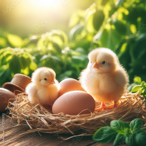 cute little tiny newborn yellow baby chick and three chicken farmer eggs in the green grass on nature outdoor. banner. flare