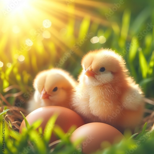 cute little tiny newborn yellow baby chick and three chicken farmer eggs in the green grass on nature outdoor. banner. flare