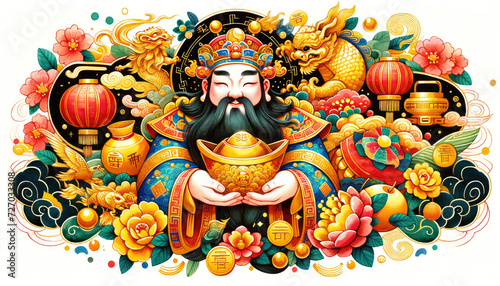Traditional Caishen Illustration for Lunar New Year Prosperity