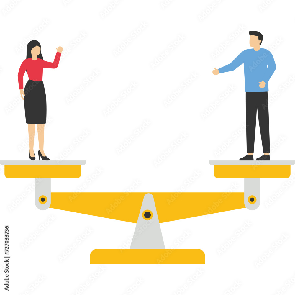Business gender equality vector concept with businessman and businesswoman standing on weigher or scales on the same height. Symbol of equal pay, salary, fairness and justice and emancipation.

