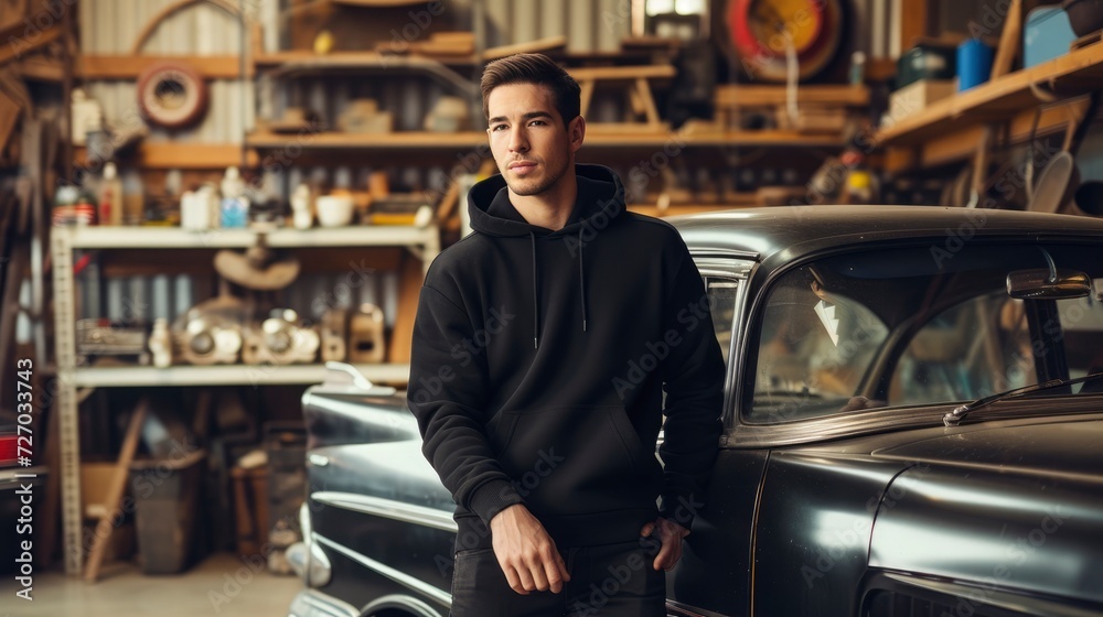 In a classic car garage, a suave guy leans against a vintage vehicle in a black hoodie, the monochromatic look exuding timeless charm, mockup