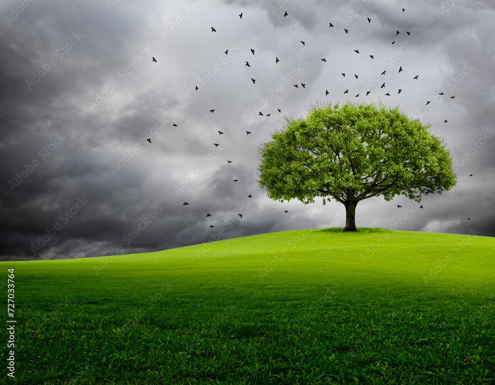Baum in einer Landschaft mit dramatischem Himmel und auffliegenden Rabenvögeln Baum in einer Landschaft mit dramatischem Himmel und auffliegenden Rabenvögeln
