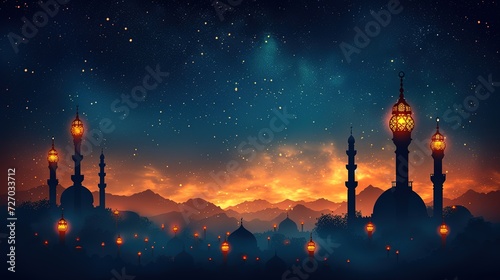 Ramadan greeting card on blue background. Vector illustration. Ramadan Kareem means Ramadan is generous, generative ai,