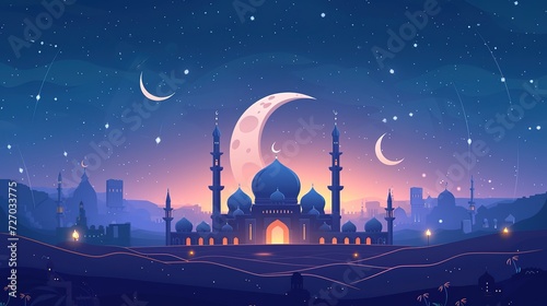 Ramadan greeting card on blue background. Vector illustration. Ramadan Kareem means Ramadan is generous, generative ai, photo