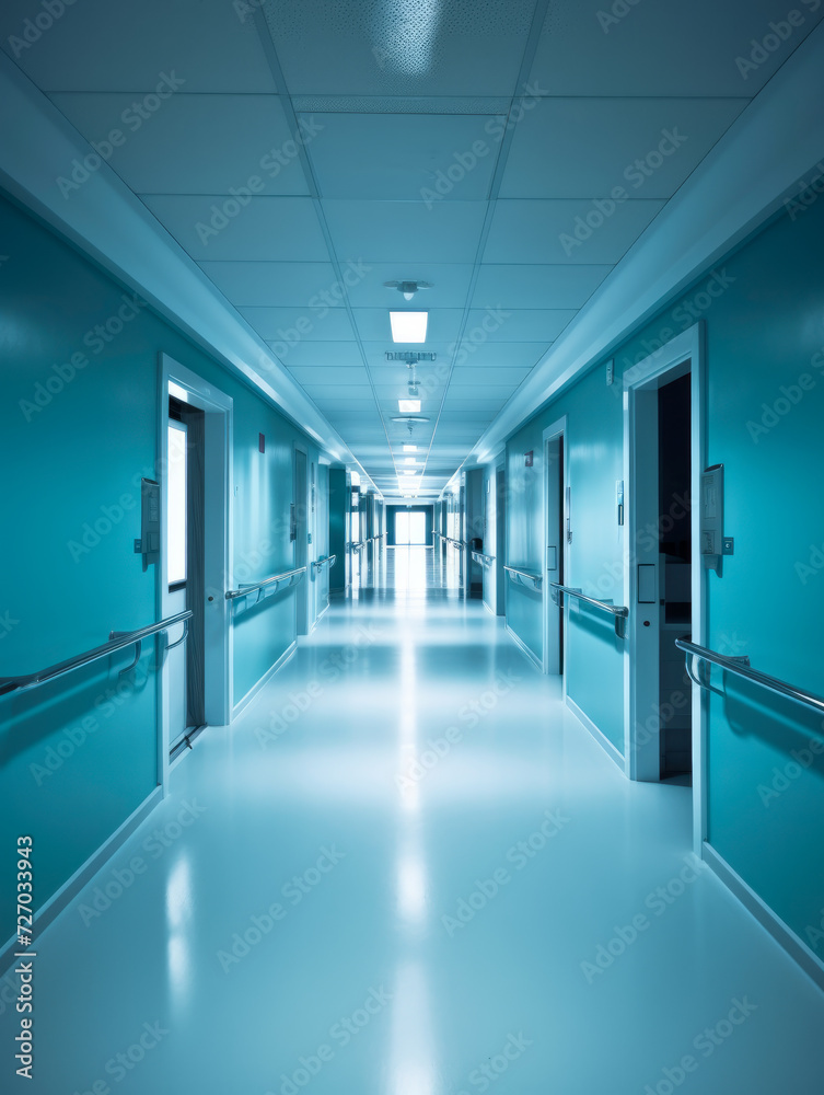 Empty hospital corridor with blue walls and row of lamps