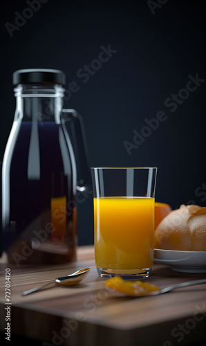 Glass of orange juice and bottle of black tea on wooden table