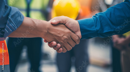 Diverse engineering team comes together, shaking hands in a show of cooperation and commitment to successfully complete a project.