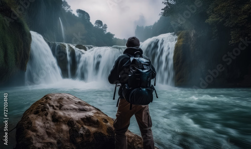 Man stands in front of waterfall with backpack on.