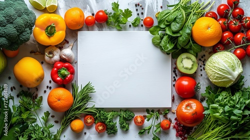 Top view with vegetables and herbs on a table with a clean white chopping board cooking background, Generative AI. © Electro Unicorn