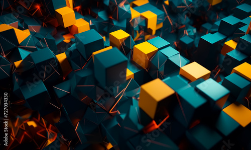 Abstract 3D render of geometric background with floating cubes