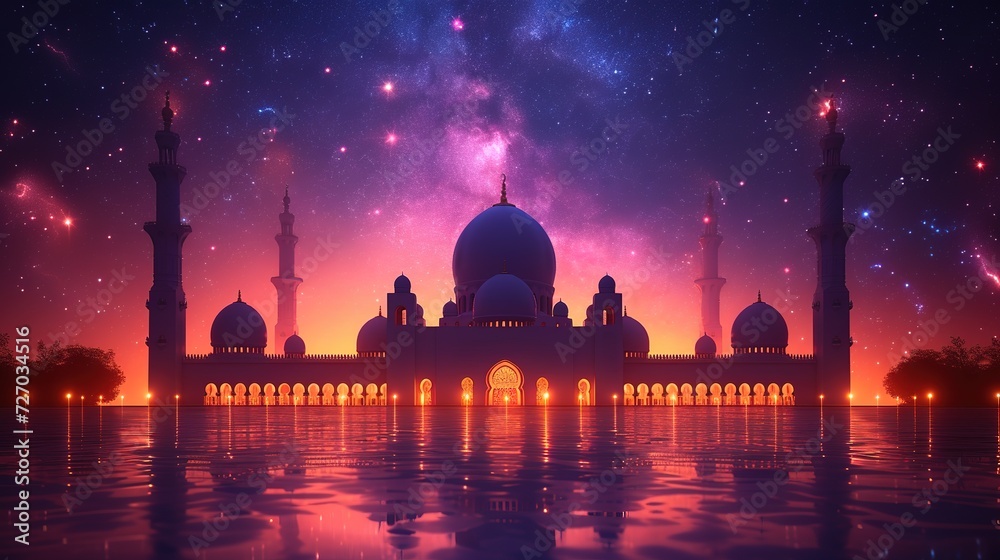 Ramadan greeting card on violet background. illustration, generative ai - obrazy, fototapety, plakaty 