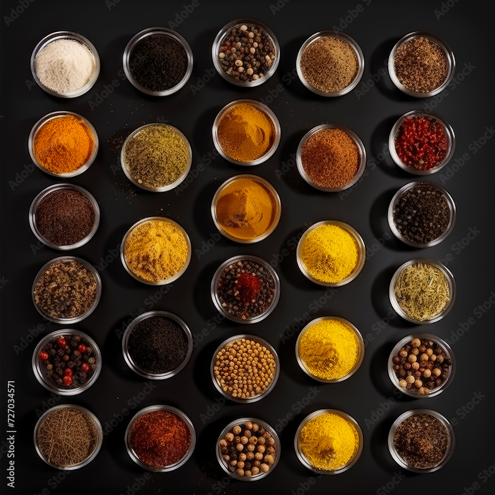 Selection of various colorful spices on black background Selection of various colorful spices on black background