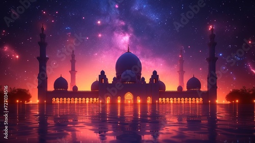 Ramadan greeting card on violet background. illustration, generative ai photo