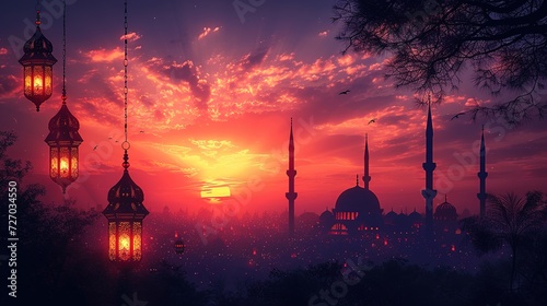 Ramadan greeting card on violet background. illustration, generative ai photo
