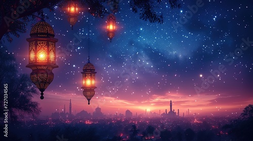 Ramadan greeting card on violet background. illustration, generative ai
