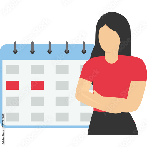 Unwell Woman suffering from stomachache, abdominal pain. Female period problems. Girl having period, premenstrual syndrome, PMS, menstruation, calendar.

