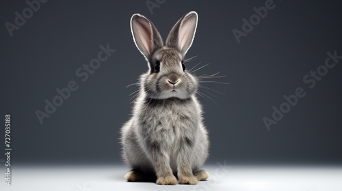 Gray cute rabbit standing on white background. Lovely action of young rabbit