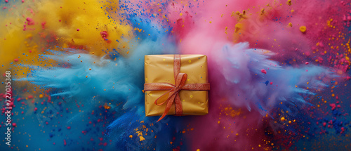 Colorful holi festival gift box in the midst of a festive explosion