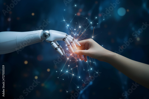 Robot AI, Machine learning, Hands of robot and human touching on big data network connection background, AI generate. © Warakorn