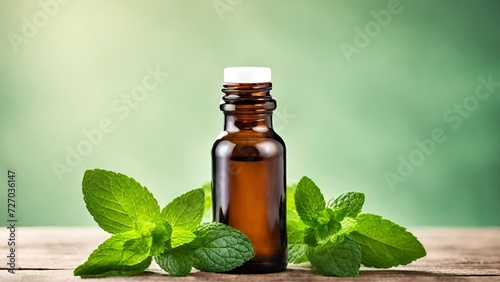 bottle with mint oil on wooden table with mint leaves
