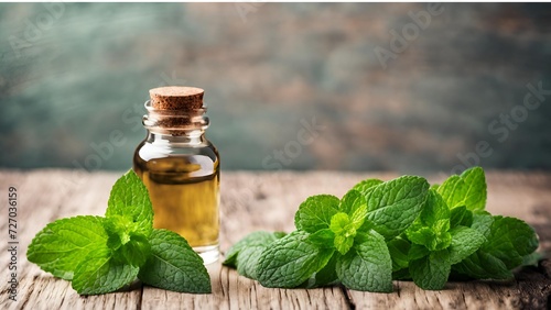 bottle with mint oil on wooden table with mint leaves