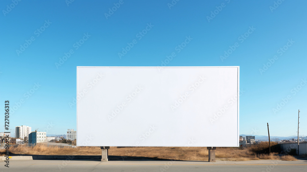 Blank white horizontal billboard on city background during daytime, front view, mockup, advertising concept