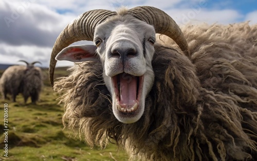 realistic photo of Dartmoor Greyface sheep with tongue sticking out. generative ai photo