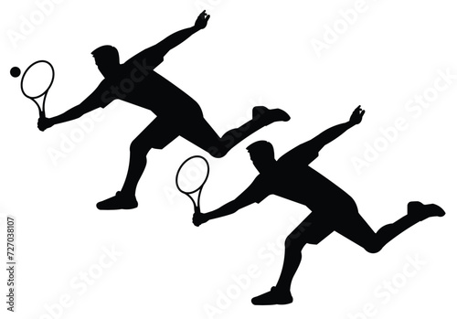 Two black silhouettes of a tennis player in T-shirt and polo shirt in profile who run forward to hit the ball