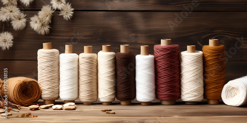 Production of clothing and fabrics from cotton coil with threads Different types of threads on wooden background and surface. Ai Generative