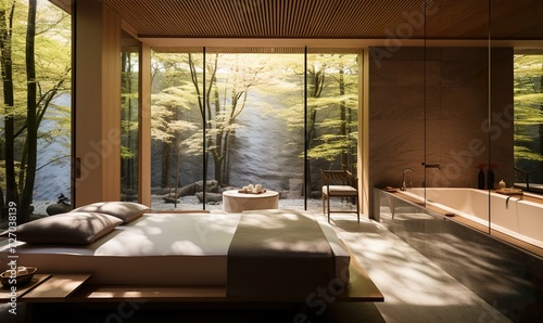 An elegant spa room  designed with an exquisite blend of pristine white and warm wooden elements  creating an ambiance of tranquility and natural beauty
