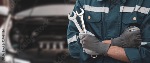 Car care maintenance servicing, Technician auto mechanic using wrench for service and fix car or repairing change spare part engine problem and insurance support or range of car check.