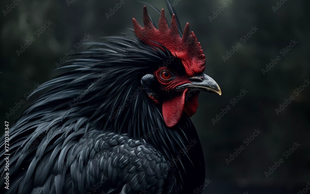 realistic photo of a beautiful black feathered rooster. generative ai