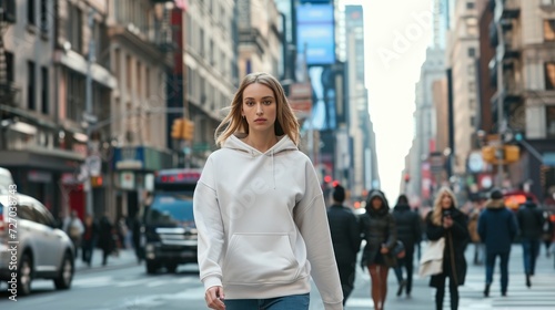 model walking down a city street, her plain hoodie contrasting with the bustling background, mockup