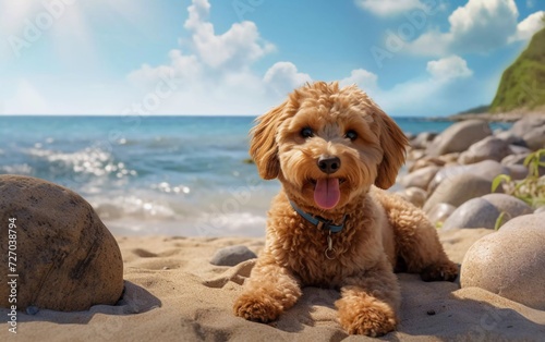 Realistic photo of Goldendoodle dog sitting on the beach. against the backdrop of a sunny day. generative ai © KBL Sungkid