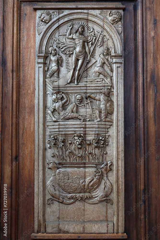 Saint Julien cathedral, Le Mans, France. 16th century relief in the sacristy. Resurrection.