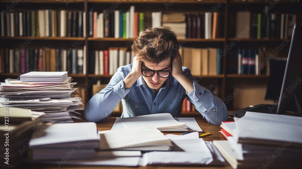 Worried man at office desk full with books and papers being overloaded with work. Person experiencing exhaustion, physical and mental fatigue. Mental health concept. Worried man at office desk full with books and papers being overloaded with work. Person experiencing exhaustion, physical and mental fatigue. Mental health concept.