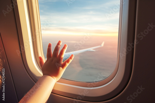 A child's hand on the airplane window with the sunset sky and clouds. Children's transportation and travel by airplane. Backlit image. Copy space. Soft focus and blurred background.