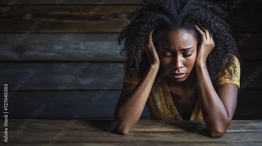 Depressed black skin woman with head bowed. Depression, loneliness and mental health concept. Depressed black skin woman with head bowed. Depression, loneliness and mental health concept.