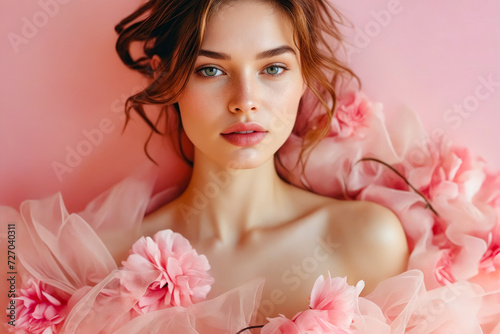 Woman with beautiful skin and pink flowers covering her right side.