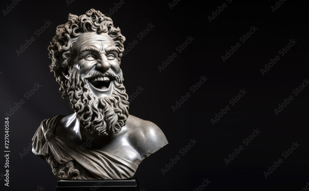 Statue of antique greek god with beard isolated on a black background. Copy space for text, advertising, message, logo