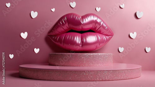 Close-up of beauty pink latex lips isolated on latex pink background with hearts. The makeup and lip gloss are sexy and glamorous in detail. Generative AI