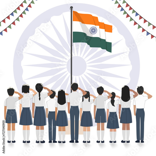Indian school students saluting the national flag