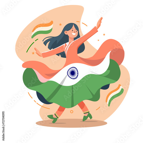 Indian girl in a dress dancing with the national tricoloured flags