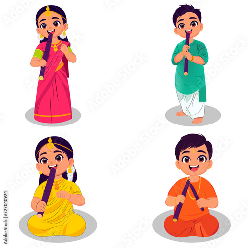 Happy Pongal Children Eating Sugarcane and Celebrating Festival of Harvest in Traditional Dress Set. Tamil Boy and Girl in Saree and Dhoti Vector Illustration