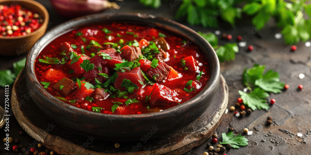 Classic Borscht in a Traditional Clay Bowl. Rich and hearty borscht garnished with fresh parsley, served in an earthenware bowl, embodying the essence of Eastern European cuisine. Classic Borscht in a Traditional Clay Bowl. Rich and hearty borscht garnished with fresh parsley, served in an earthenware bowl, embodying the essence of Eastern European cuisine.