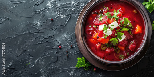 Classic Borscht in a Traditional Clay Bowl. Rich and hearty borscht garnished with fresh parsley, served in an earthenware bowl, embodying the essence of Eastern European cuisine, copy space. photo
