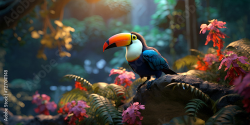 Toucan sits in a jungle with a dark background Toucan in Tropical Jungle surrounded by many flowers and trees. Ai Generative