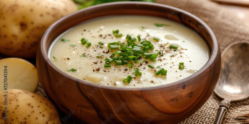 Creamy Potato Soup with Parsley Garnish. Velvety smooth potato puree soup in a bowl, delicately garnished with fresh parsley leaves and cracked black pepper. Creamy Potato Soup with Parsley Garnish. Velvety smooth potato puree soup in a bowl, delicately garnished with fresh parsley leaves and cracked black pepper.