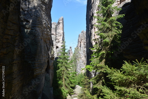 Narrow passage between the high picturesque Prachovske rocks in the Czech Republic