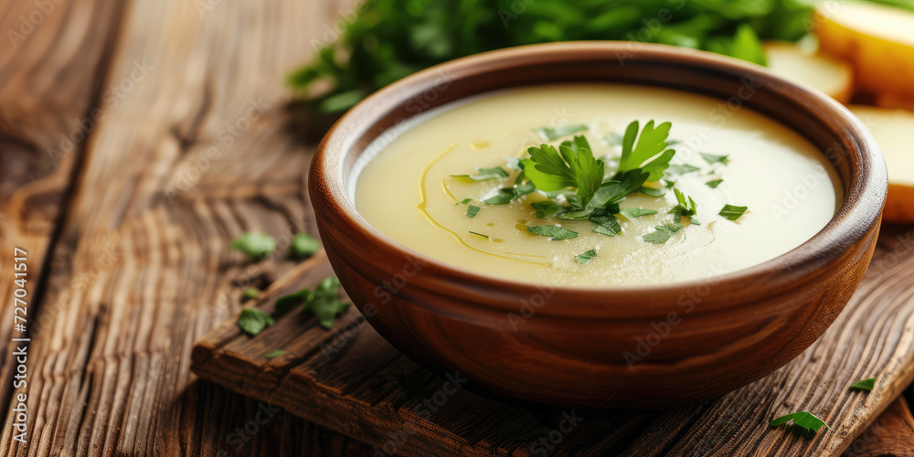 Creamy Potato Soup with Parsley Garnish. Velvety smooth potato puree soup in a bowl, delicately garnished with fresh parsley leaves and cracked black pepper, copy space. Creamy Potato Soup with Parsley Garnish. Velvety smooth potato puree soup in a bowl, delicately garnished with fresh parsley leaves and cracked black pepper, copy space.